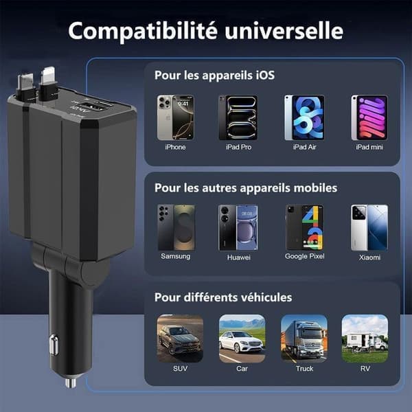 Sammenfoldelig 4-i-1 USB-C billader med 2 porte 80 cm, hurtig 120W cigarettænderoplader, 180° sammenfoldeligt stik, til iPhone, Android