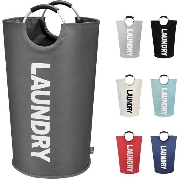 90L stor skittentøyskurv, sammenleggbar vaskepose, frittstående høy kleskurv, sammenleggbar vaskebeholder (mørkegrå)