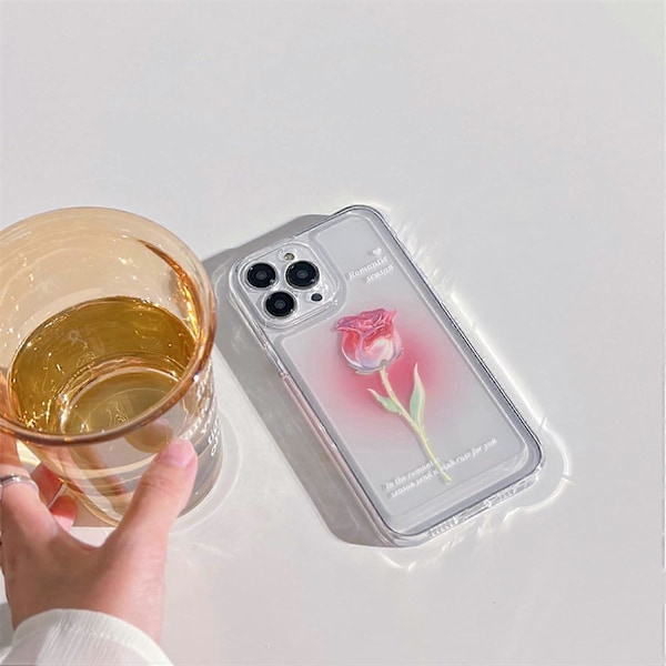 Blommig Mobilskal Kompatibelt med iPhone 12, Sött Estetiskt Klart Tulpan Mobilskal för Kvinnor Flickor Clear Rose iphone 14 pro max case