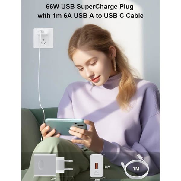 66W Supercharge Hurtigoplader til Honor 90 Lite / 200 Lite – Inkluderer 6A USB-C Kabel (1m)