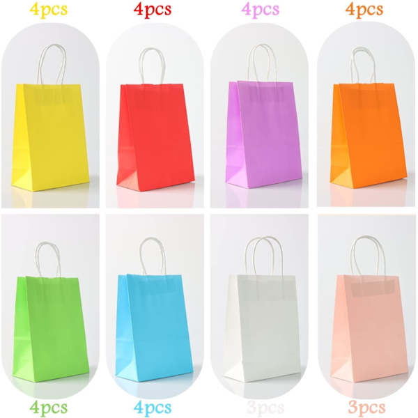 Festsäckar, 8 färger presentpåsar i papper med handtag, barnens kraftpapperspåsar för barnkalas, födelsedag, färgade papperspåsar