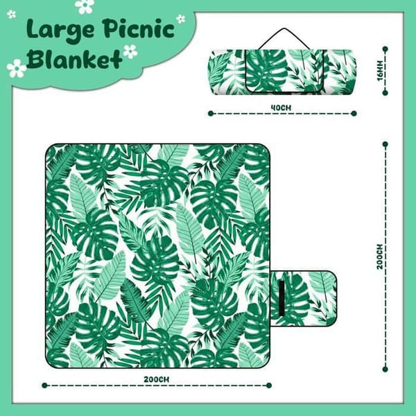Picnic Tæppe, 150x200cm, Vandtæt & Sandtæt, Bladmønster, Holdbar Strandmåtte, Sammenfoldelig, Ideel til Camping