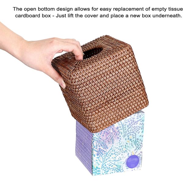 Rattan Firkantet Vævsdækning Holder Dekoration Vævsarrangørboks Cube Vævspapirholderboks Vævsopbevaringskasse Dispenser Servietarrangør, Brun