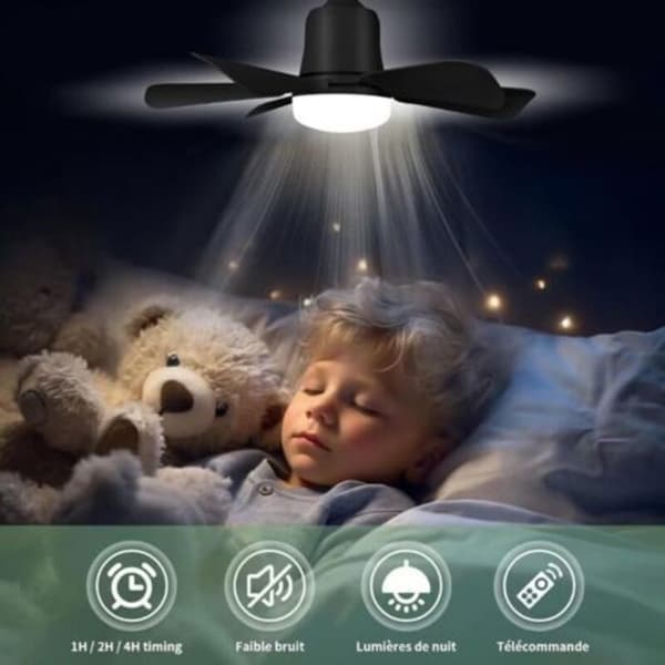 Loftventilator med 30W dæmpbart LED-lys (E27 fatning), 3 hastigheder, 6 sorte blade, til soveværelse og stue, Klasse A