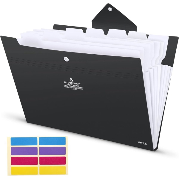 Udvidende filmappe A4 med 8 lommer File Organizer Højkapacitets dokumentholder med trykknap og farvede etiketter indeks, sort omslag