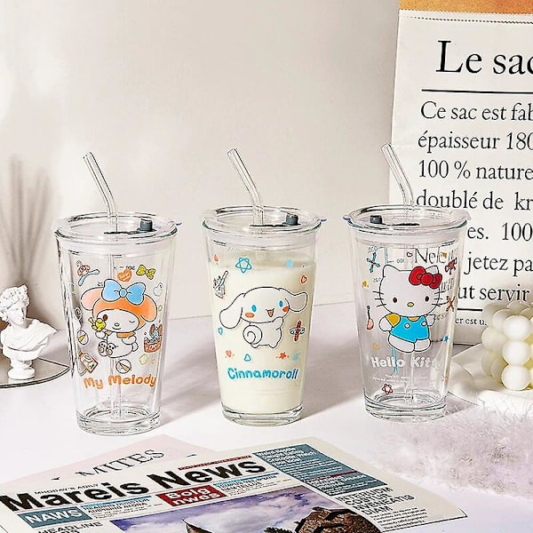 Transparent Glasvattenkopp Söt Cartoon Frukostkopp Sugrör Med Lock Mjölkjuice Vattenkopp Glas Sippykopp Barnpresent Hello Kitty