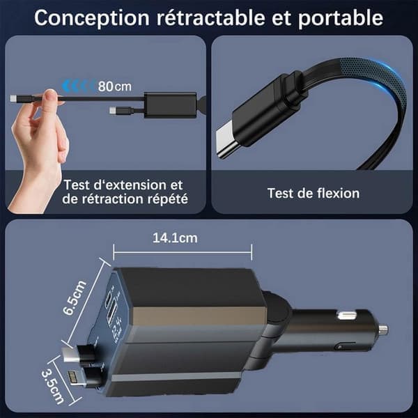 Sammenfoldelig 4-i-1 USB-C billader med 2 porte 80 cm, hurtig 120W cigarettænderoplader, 180° sammenfoldeligt stik, til iPhone, Android