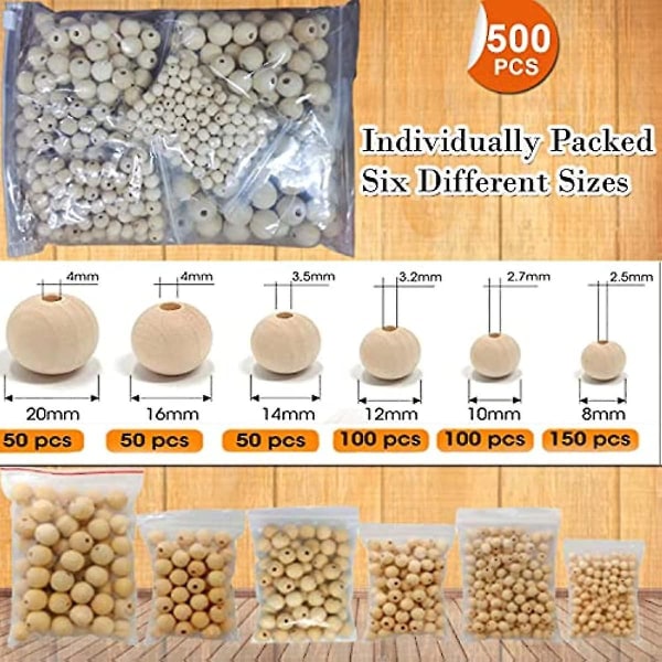 500 Wooden Beads For Crafts + 20m Jute Twine- Unfinished Wood Beads For Crafts 6 Sizes Packed Individullay - Natural Round Wooden Balls For Crafts  De