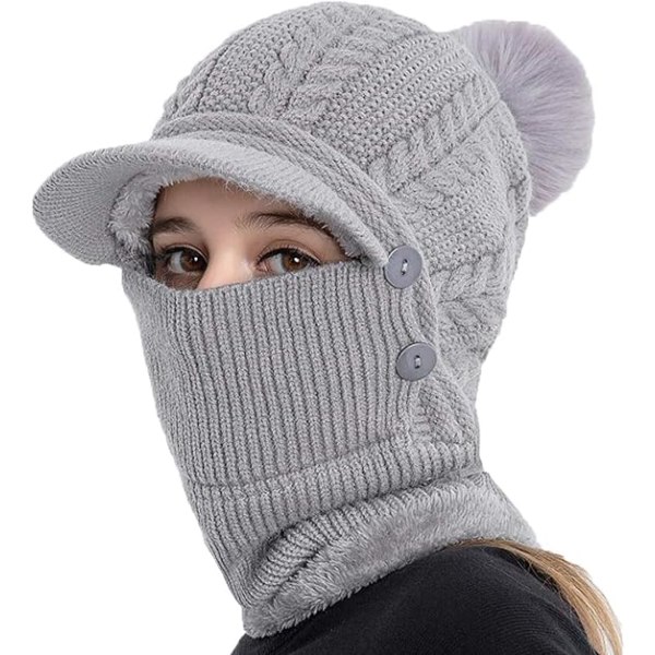 Dame vinter varm strikket baseball cap ansikt Bandana hals gamasje med fluffy Pom Pom (grå)