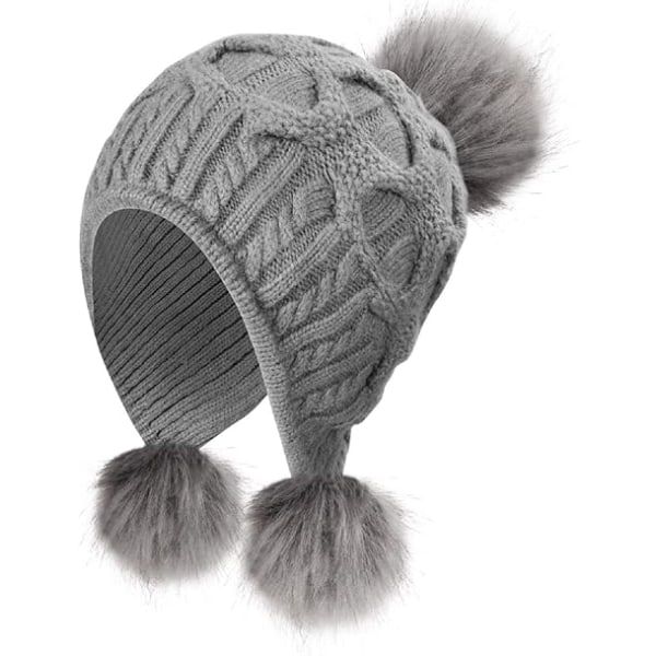 Strikket lue for kvinner Varm lue lue med Pom Pom Bobble lue stil med vindtette øreklaffer (grå)