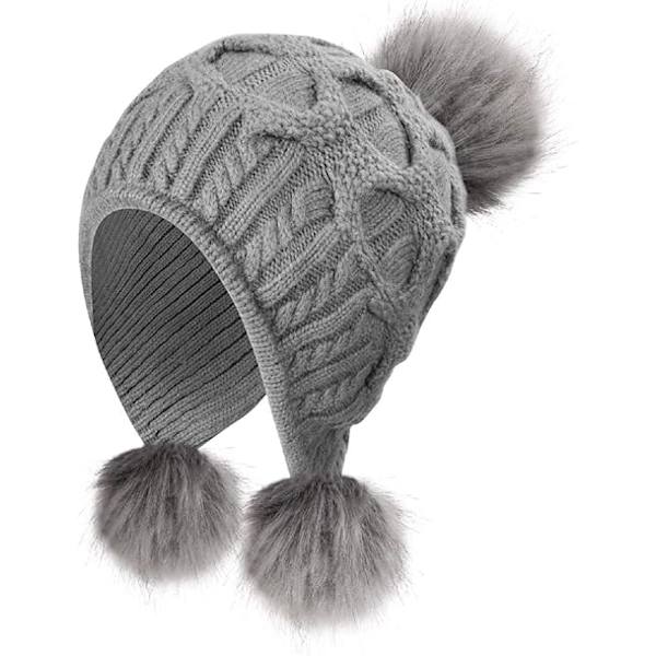 Vintermössa för kvinnor, stickad med pompom, vindtäta öronlappar Grey