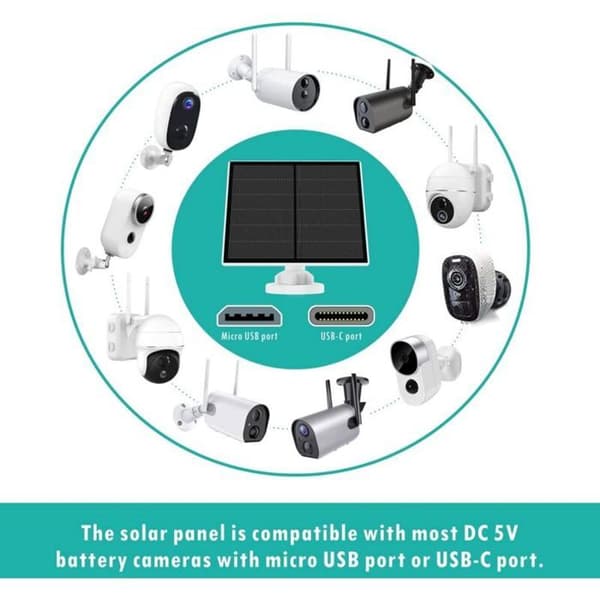 5W solcellepanel for sikkerhetskamera, 5V USB, oppladbart batteri, Micro USB/USB-C-porter, justerbart feste
