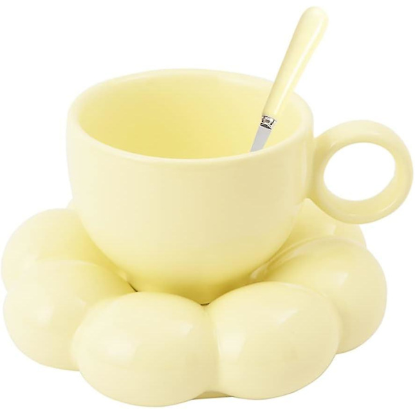 Keraaminen kukkakahvimuki, luova söpö kuppi pilvi-auringonkukkakoristeella toimistoon ja kotiin, 6,5 unssia/200 ml teelle, lattelle, maidolle, keltainen