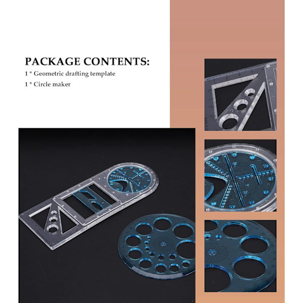 2 stk. Multifunktionel geometrisk lineal Plast cirkel tegneværktøj Skabeloner Klar grafisk design værktøjer
