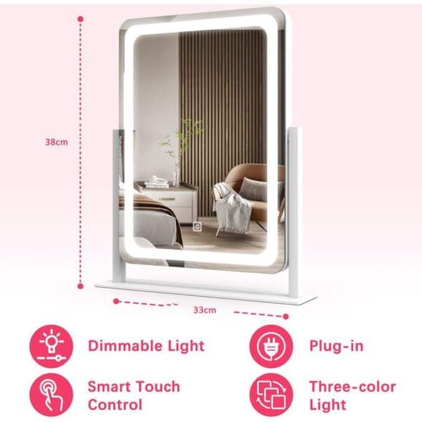 LED forstørrelsesspejl (33x38 cm) – Dæmpbart lys (3 farvetemperaturer) – 360° roterende base – Ideel til professionel makeup