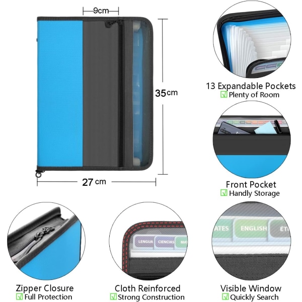 13 lommer udvidbar mappe med lynlåslukning, A4 plast dokument tegnebog arrangør med praktisk frontlomme til personlige kontorartikler