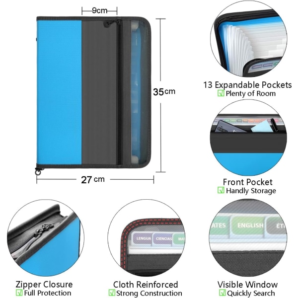 13 lommer udvidende filmappe med lynlåslukning, A4-plastik dokumentpung med praktisk frontlomme til personlig kontorstationær