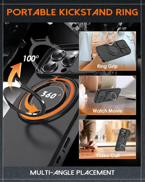 Militærgradert magnetisk deksel til iPhone iP 17 Pro Max 2.0 - Støtsikkert med kamerabeskyttelse og 360° støtte (Oransje) iP 17 Pro Max