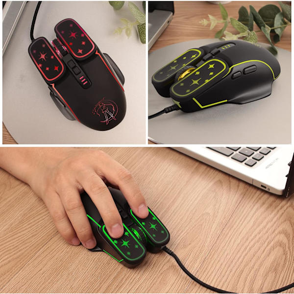 Gaming Mus, 4 farver baggrundsbelyst optisk spilmus ergonomisk USB kablet med 7200 DPI og 6 knapper 4 skydning til computer/Win/Mac/Andriod/iOS (sort)