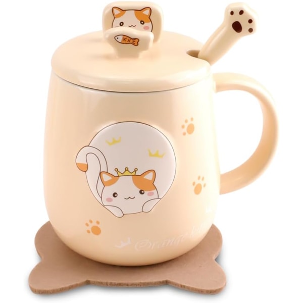 Kattmugg Söt keramisk kaffekopp, med lock, sked och glasunderlägg, Kawaii 3D djurkattmuggar för kattälskare Dampresenter, 480 ml (gul)