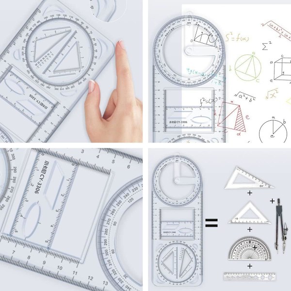 2 stk. Multifunktionelle geometriske lineal, gennemsigtig plast lineal roterbar vinkelmåler tegne skabelon lineal grafisk lineal måleværktøj