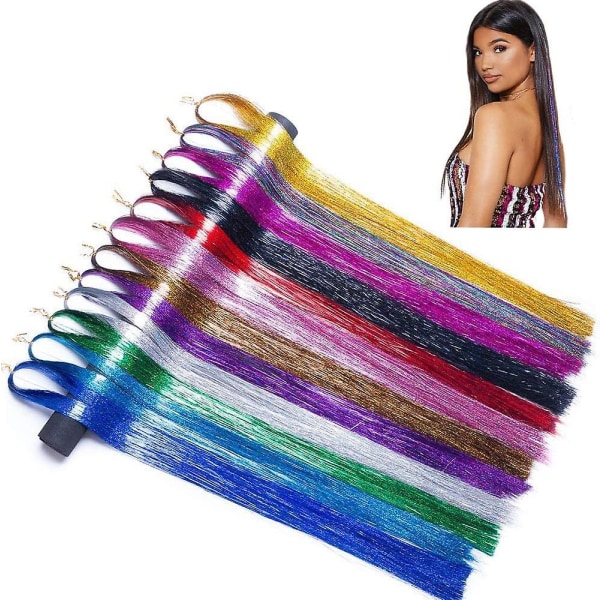 12 farver Hair Tinsel Strands, 120cm Hair Tinsel, Hair Extension Kit, Shiny Hair Tinsel Glitter Frisurer, Hair Glitter Extensions