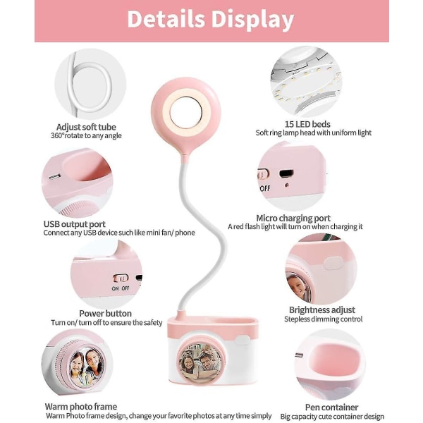 Bordslampa för barn, ögonvänlig läslampa med pennhållare, rosa