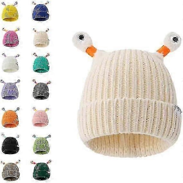 Vinter Foreldre-Barn Søt Glødende Liten Monster Strikket Lue, Sunny Søt Monster Beanies Lue, Morsom Glødende Monster Strikket Lue Beige