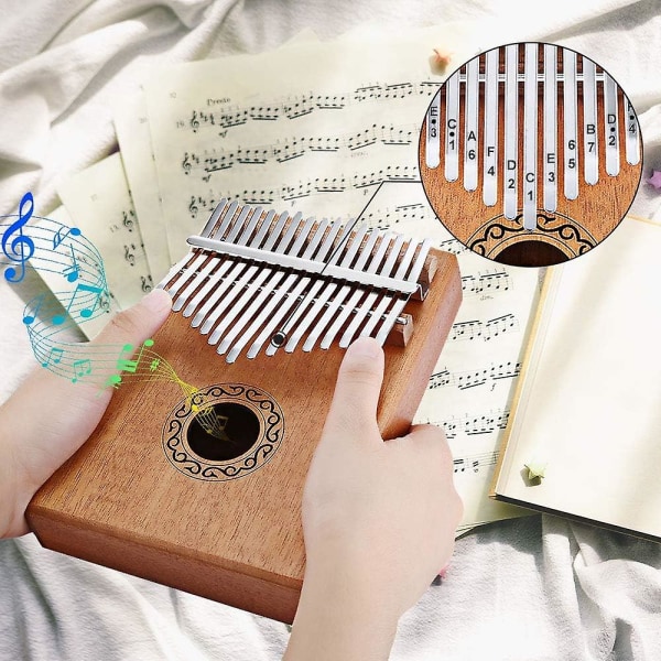 Kalimba 17 tangenter tummepiano med studiebeskrivning och stämskruv, fingermarimba-instrument