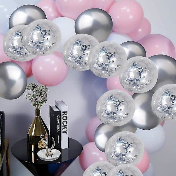 60 st ballongbåge rosa vit silver latex transparent