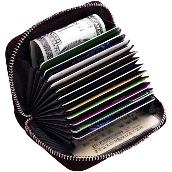 Kredittkortholder RFID-blokkerende mini kredittkortlommebok i ekte skinn med glidelås for kvinner, menn (svart)