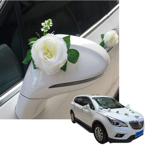 Bånd til bryllupsbil, dekoration af rosenblomster til biler, dekoration af hvide roser til bryllupsbiler.