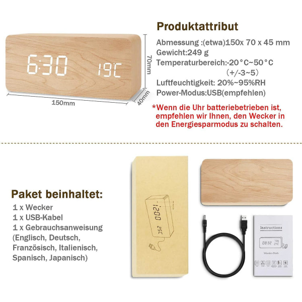 Träväckarklocka Modern Led Bordsklocka Digital Väckarklocka Röst Touch Display Tid/datum/temperatur För Hem Sovrum Kontor Brun Orange