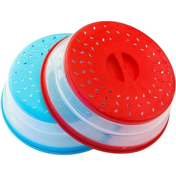 2 pakker sammenleggbart mikrobølgedeksel (rød+blått) BPA-fri mikrobølgesprutbeskyttelse dørslagsil for frukt og grønnsaker