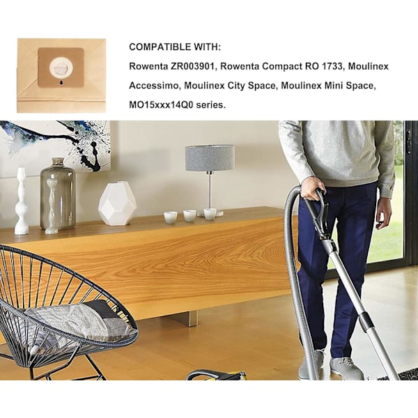 15 kpl:n pölypussipakkaus, yhteensopiva Rowenta ZR003901 Moulinex Accessimo City Space ja Mini Space -imureiden kanssa
