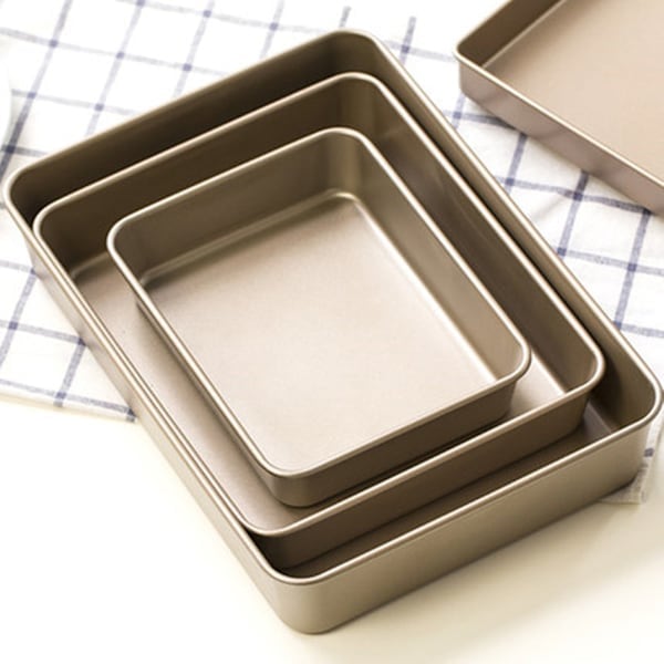 Dyb Bageplade Sæt Non-stick, Rektangulær Kageform, Stabelbart Bageplade Sæt med 3, Ovnplader til Bagning, Guld (9''/11''/13'') Dybe Bageplader Deep Baking Pans