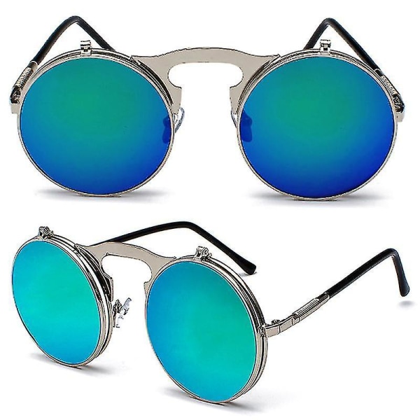 Menn Unisex solbriller Flip Up Lens runde øyebriller Silver Frame Green Lenses