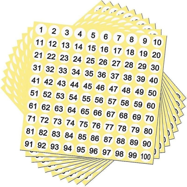 100 ark Nummeretiketter S 1-100 numre Ro S 0,4 tommer Lille selvklæbende nummer