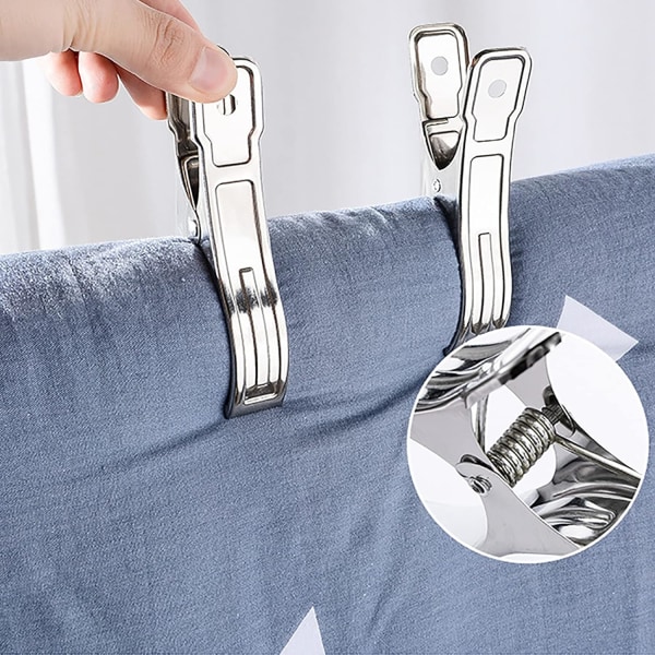 10-pack Handduksklämmor i Rostfritt Stål - Strandhandduksklämmor, Klämmor, Stora, Tunga, Quiltklämmor, Vindtåliga Klämmor (Silver)