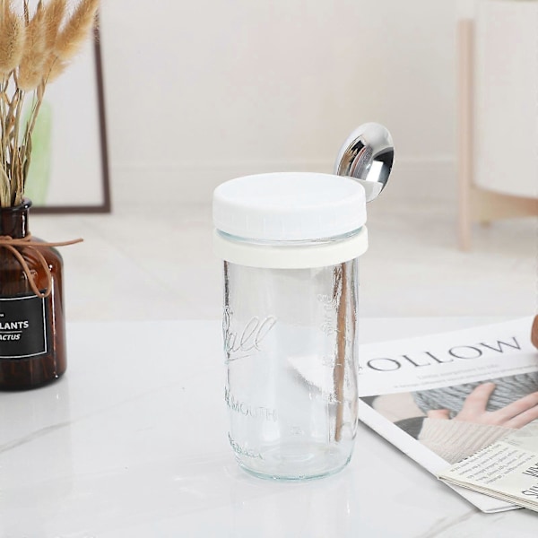 Glasbehållare för Havregryn med Sked - 350ml Flerfärgad 30 cl Mason Jar med Bred Öppning för Overnight Oats, Flingor, Yoghurt - Lufttät Förslutning och Läcksäkert Lock White 600ML