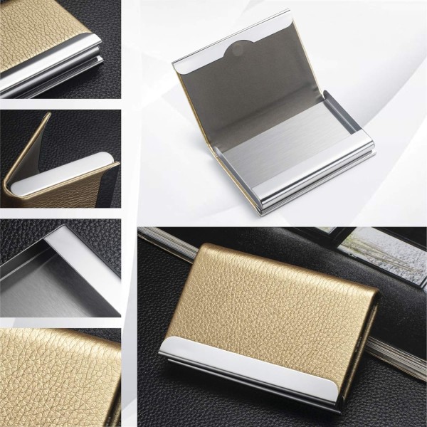 Käyntikorttikotelo, Ylellinen PU-nahkainen case - Lompakon case, ohut metallitaskukorttikotelo magneettisella sulkimella (kulta)