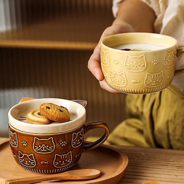Keramiska kaffemuggar med lock Söt porslinskopp Familjefrukost Mjölk Juice Cup Dryck (gul)