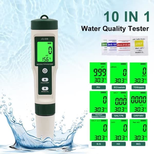 10-i-1 Pool pH-tester - Højpræcisions elektronisk pH-meter til måling af pH, TDS, EC, temperatur, drikkevandsanalysator