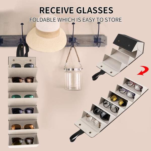 Aurinkolasien organizer, Kannettava PU:n monipaikkainen silmälasien case , jossa on 5 paikkaa, taitettava silmälasien pidikelaatikko, silmälasit naisille, miehille