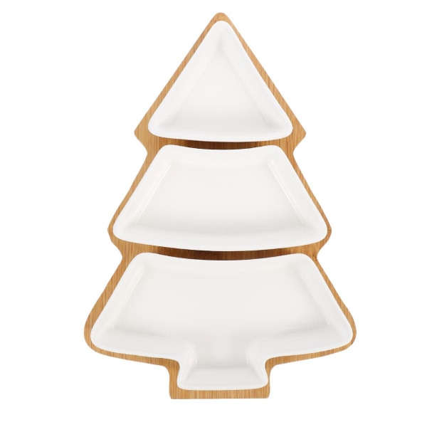 Juletræ Keramik Fadbakke Porcelæn Aftagelig Snackfad Småkagetallerkener Julefest Dessertservice med bambusbund (hvid)
