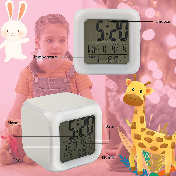 Barnväckarklocka,pojke Flicka Digital väckarklocka med LED sjufärgad nattljus och väckningsfunktion för skola, födelsedagspresenter, jul