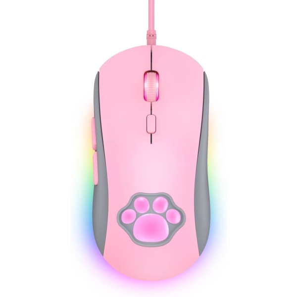 Cat Paw RGB-pelihiiri, äänettömät optiset tietokonehiiret USB johdolla 6 säädettävällä DPI:llä 7200 asti, RGB-valaistus, 6 ohjelmoitavaa painiketta, vaaleanpunainen