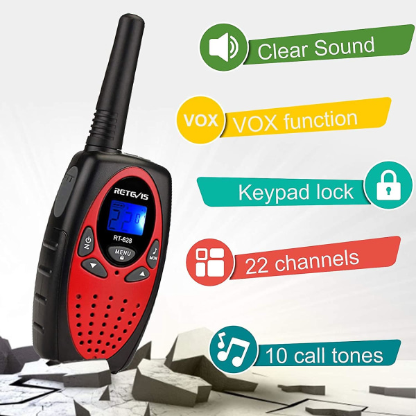 Rt628 walkie talkies för barn, leksaker för 5-13 år gamla pojkar, flickor, nyckellås, crystal voice, lätt att använda, långväga walky talky för campingvandring (röd, 2 Pa
