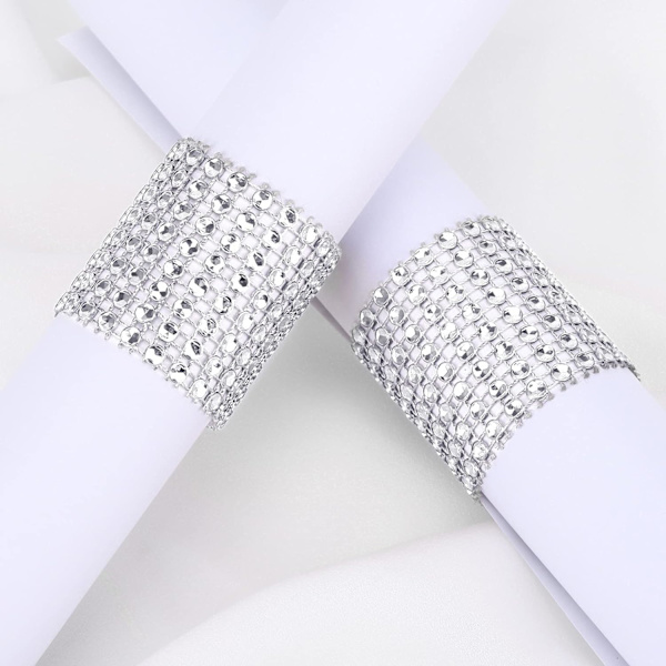 Servietringe sæt med 35 sølv rhinestone mesh serviet holdere til borddekorationer eller DIY dekoration