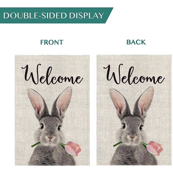 Välkommen påsk Trädgårdsflaggor, 12x18 Dubbelsidig Spring Bunny Rabbit Trädgårdsflaggor för utomhusgård Gräsmattadäck Uteplats Verandadekoration, kanintulpan Glad